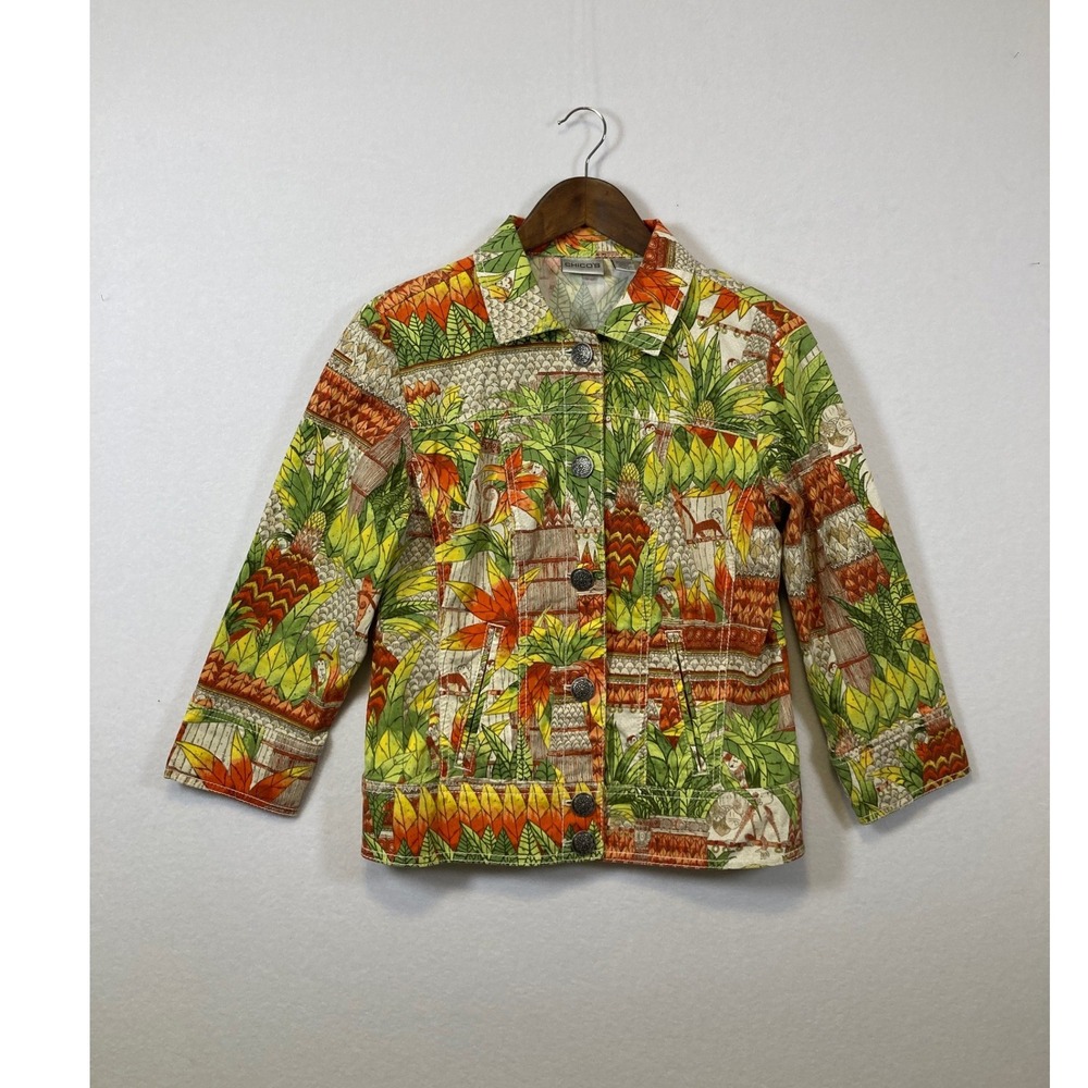 Chicos Tropical Print Button Front Jacket Women Size 0 Green Orange Safari